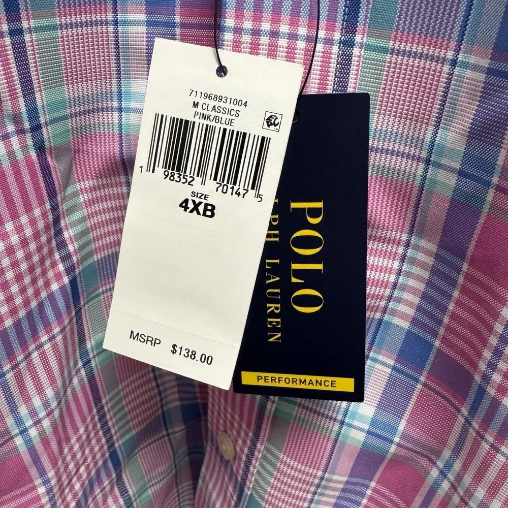 Polo Ralph Lauren NEW Men's 4XB Big Pink/Green/Blue Plaid Performance Pony Shirt